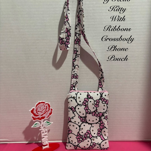 LOVE THAT HELLO KITTY WITH RIBBONS HANDMADE CROSSBODY PHONE POUCH - Picture 2 of 4